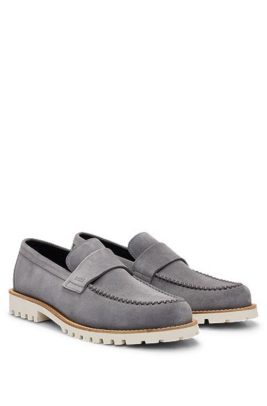 Suede slip-on loafers with embossed penny trim, Grey