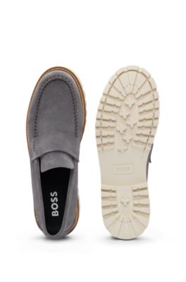 BOSS Suede slipon loafers with embossed penny trim