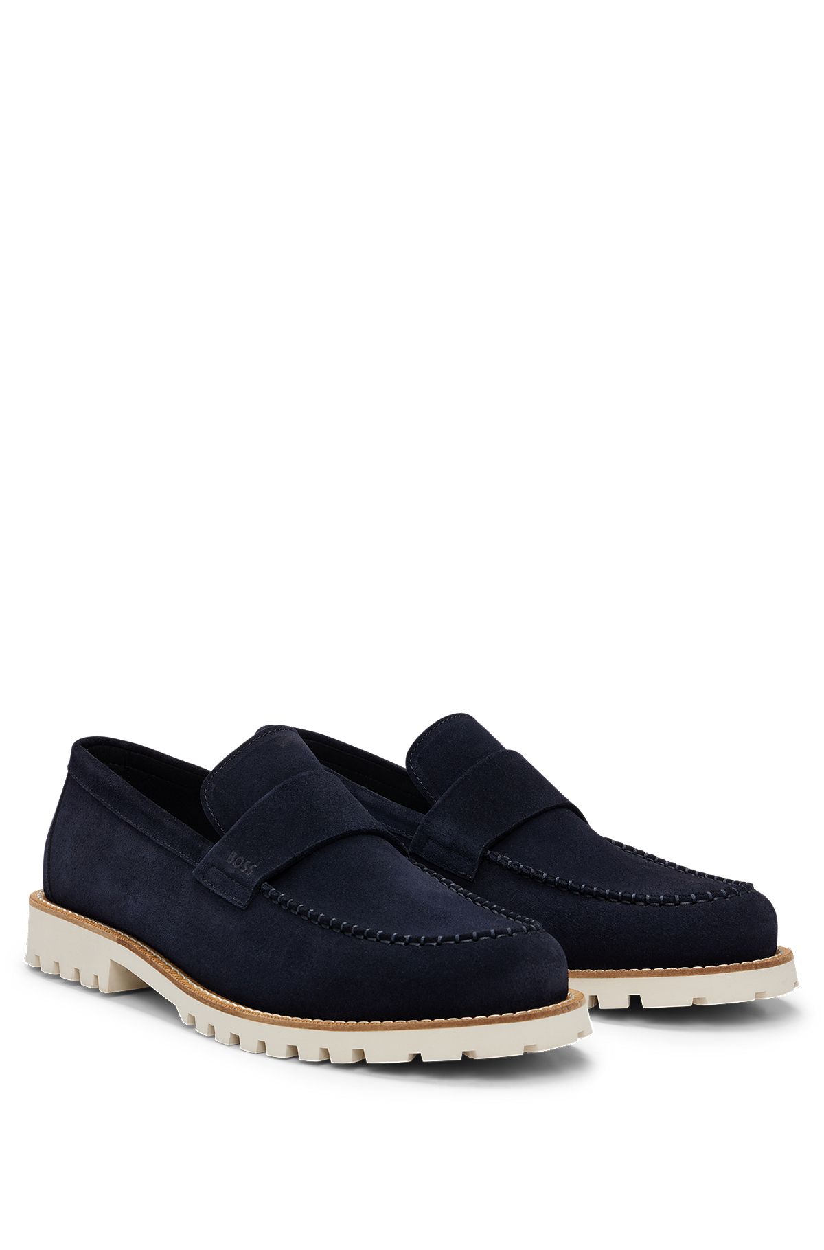 Suede slip-on loafers with embossed penny trim, Dark Blue