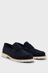 Suede slip-on loafers with embossed penny trim, Dark Blue