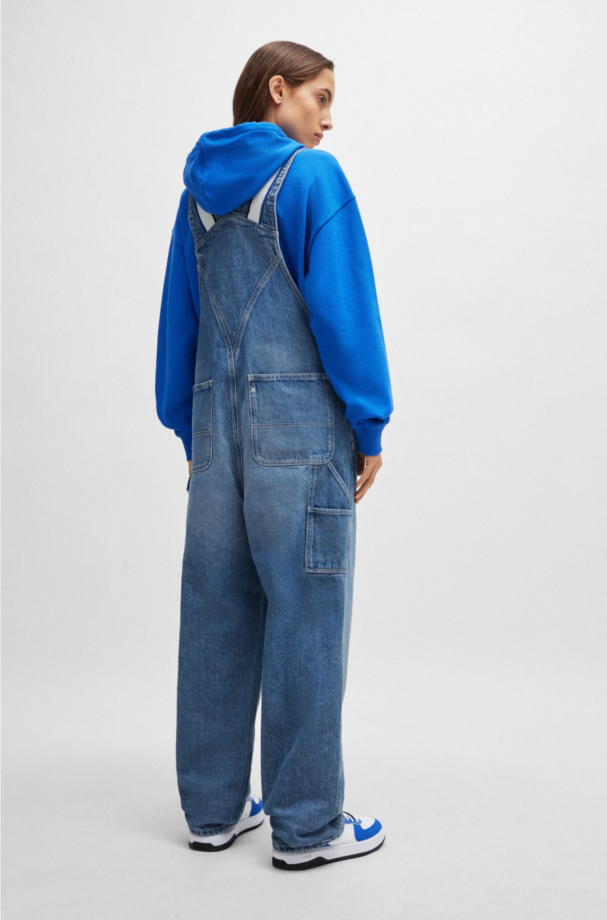 Relaxed-fit dungarees in denim with logo-tape trims, Blue