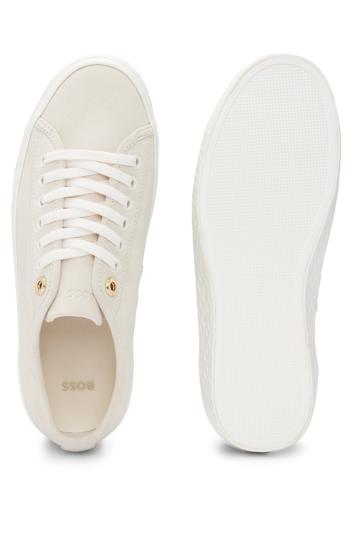 Suede lace-up trainers with branded eyelets, White