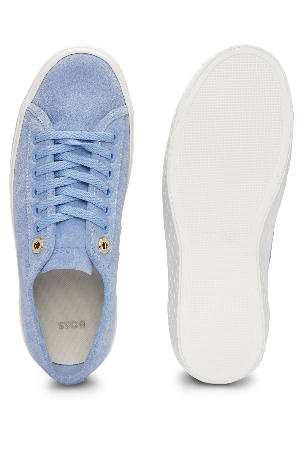 Suede lace-up trainers with branded eyelets, Light Blue