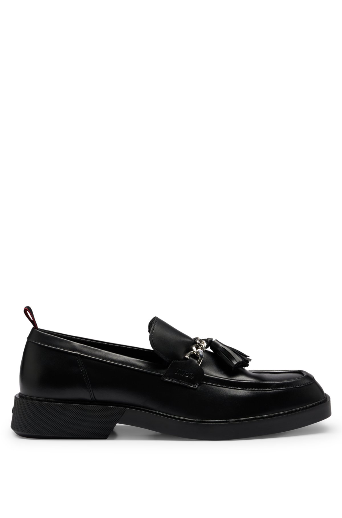 Leather slip-on moccasins with tassel and chain, Black