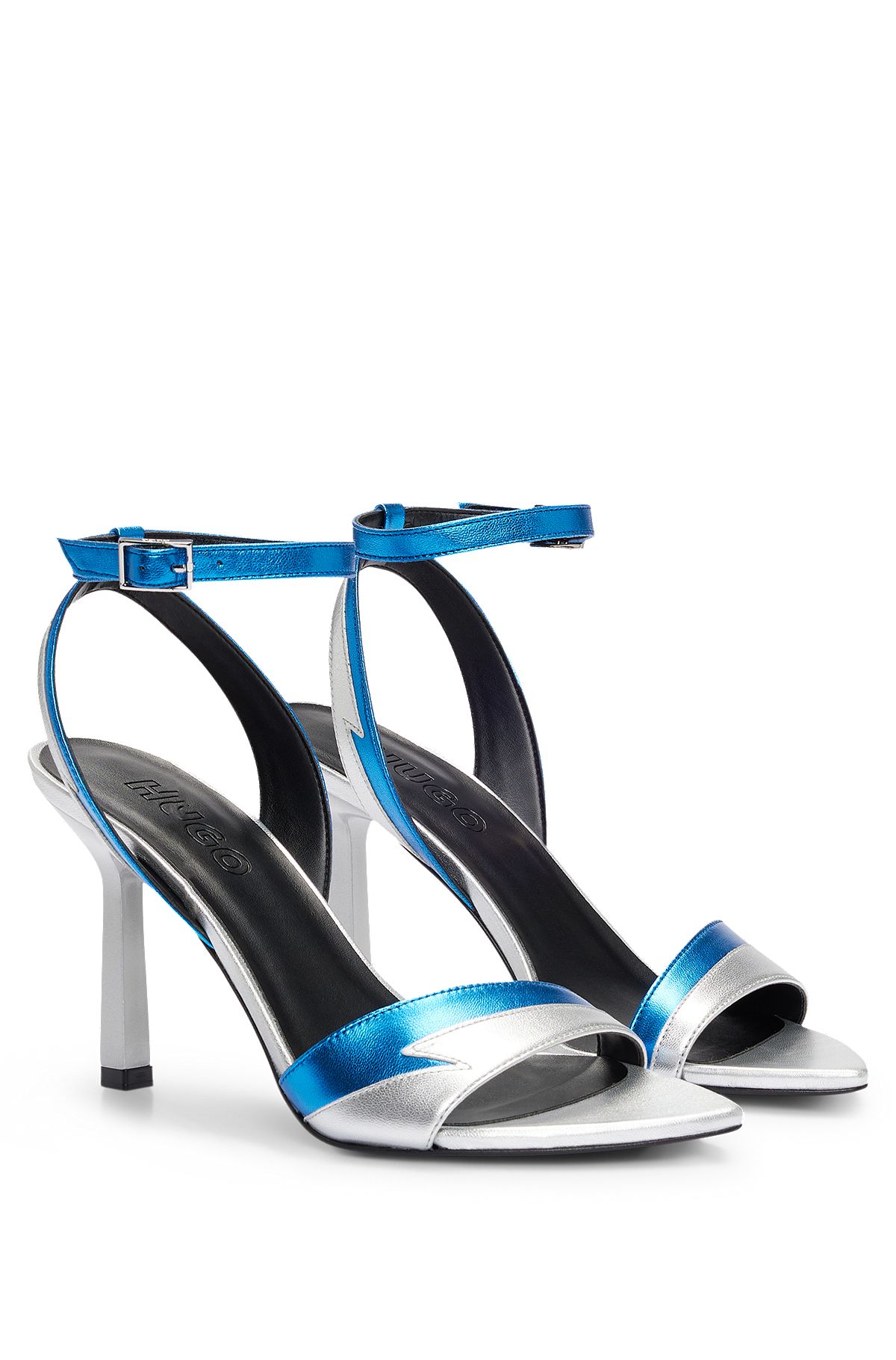 Leather sandals with two-tone effect and 9cm heel, Silver