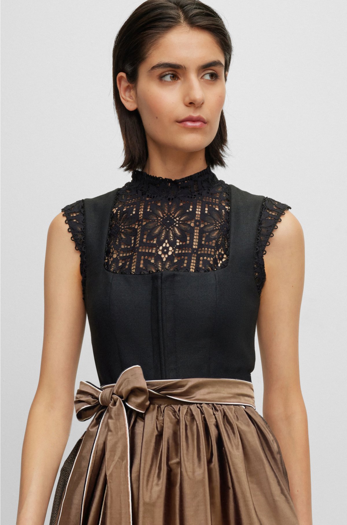 BOSS x Kinga Mathe cropped blouse in floral lace, Black