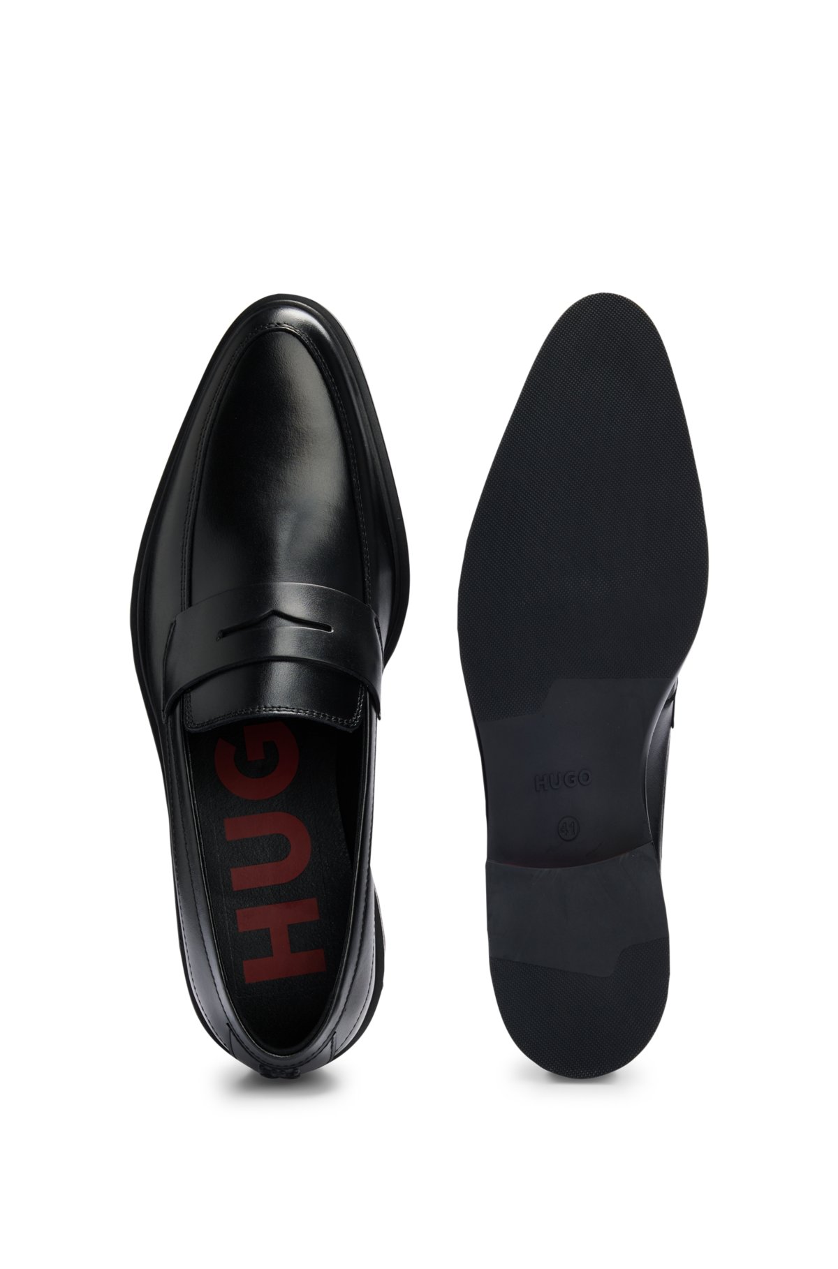 Leather loafers with penny trim and rubber sole, Black