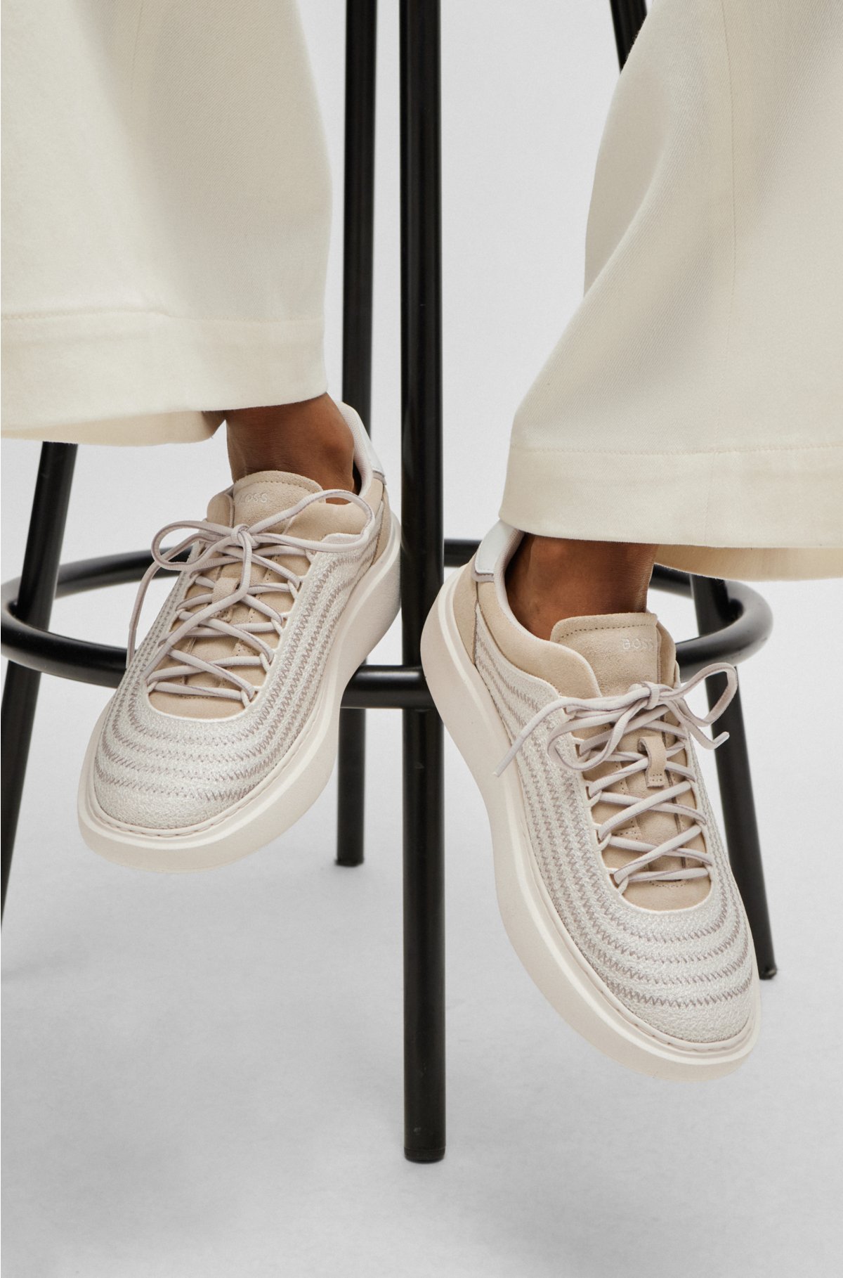 Lace-up trainers with zig-zag mesh and suede , Natural