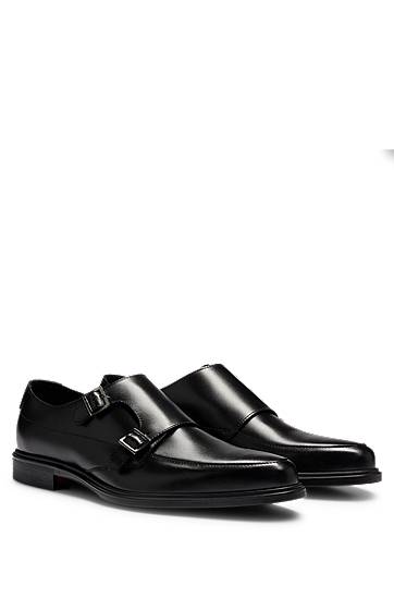 Double-monk shoes in leather with logo, Hugo boss