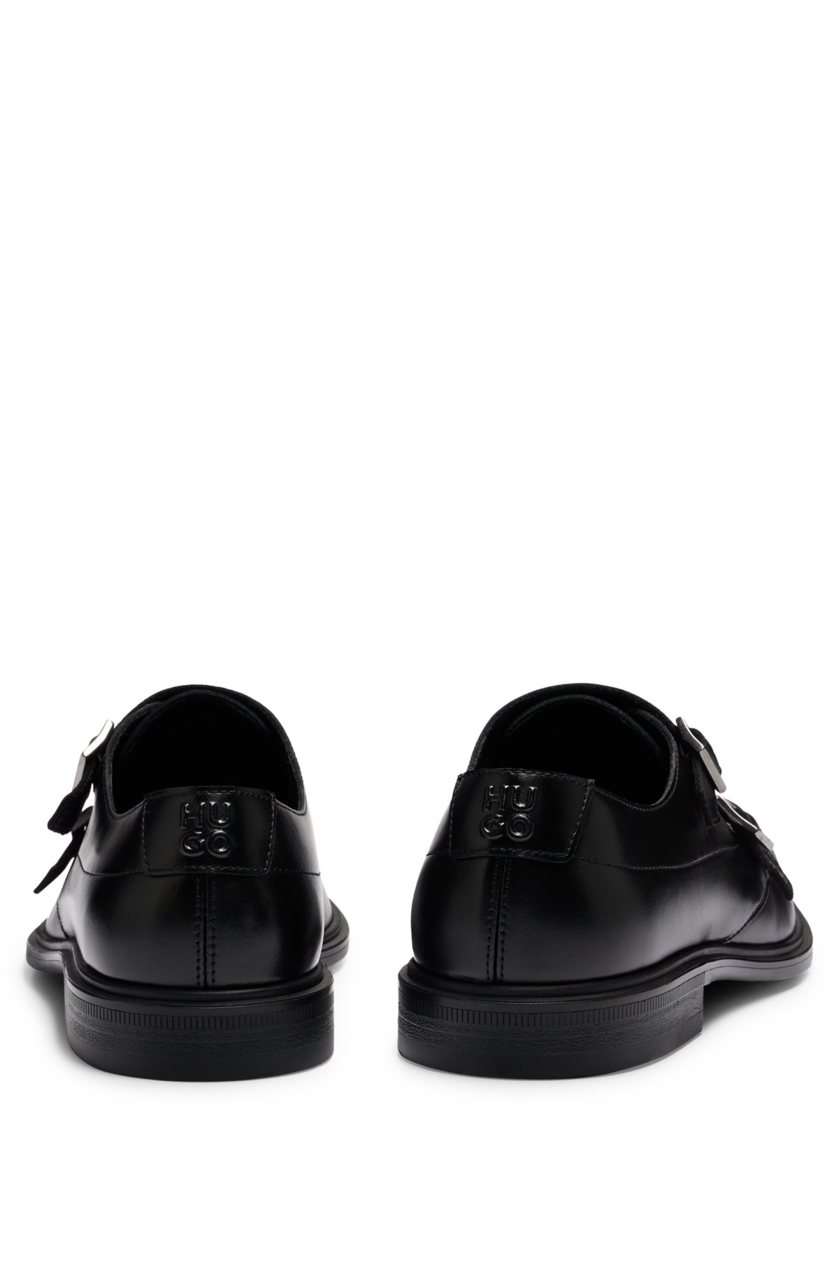 Double-monk shoes in leather with logo, Black