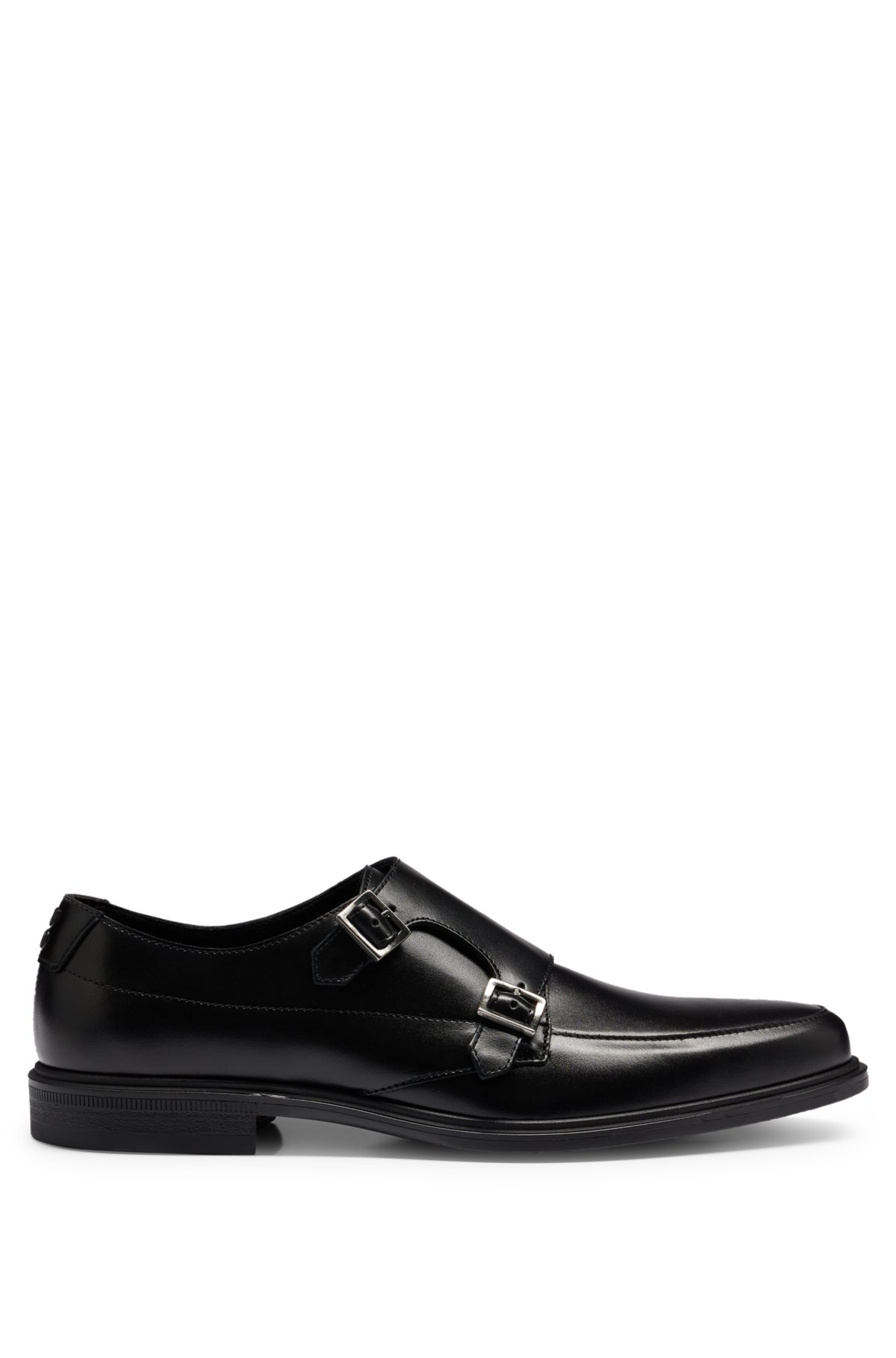 Double-monk shoes in leather with logo, Black