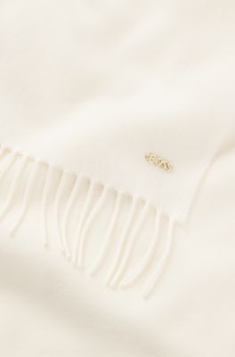 Wool woven scarf with logo rivet, Natural