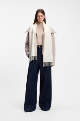 Wool woven scarf with logo rivet, Natural