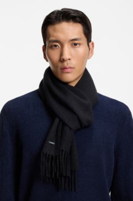 Italian-made wool scarf with logo patch, Black