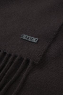 Italian-made scarf in wool with logo patch, Dark Brown