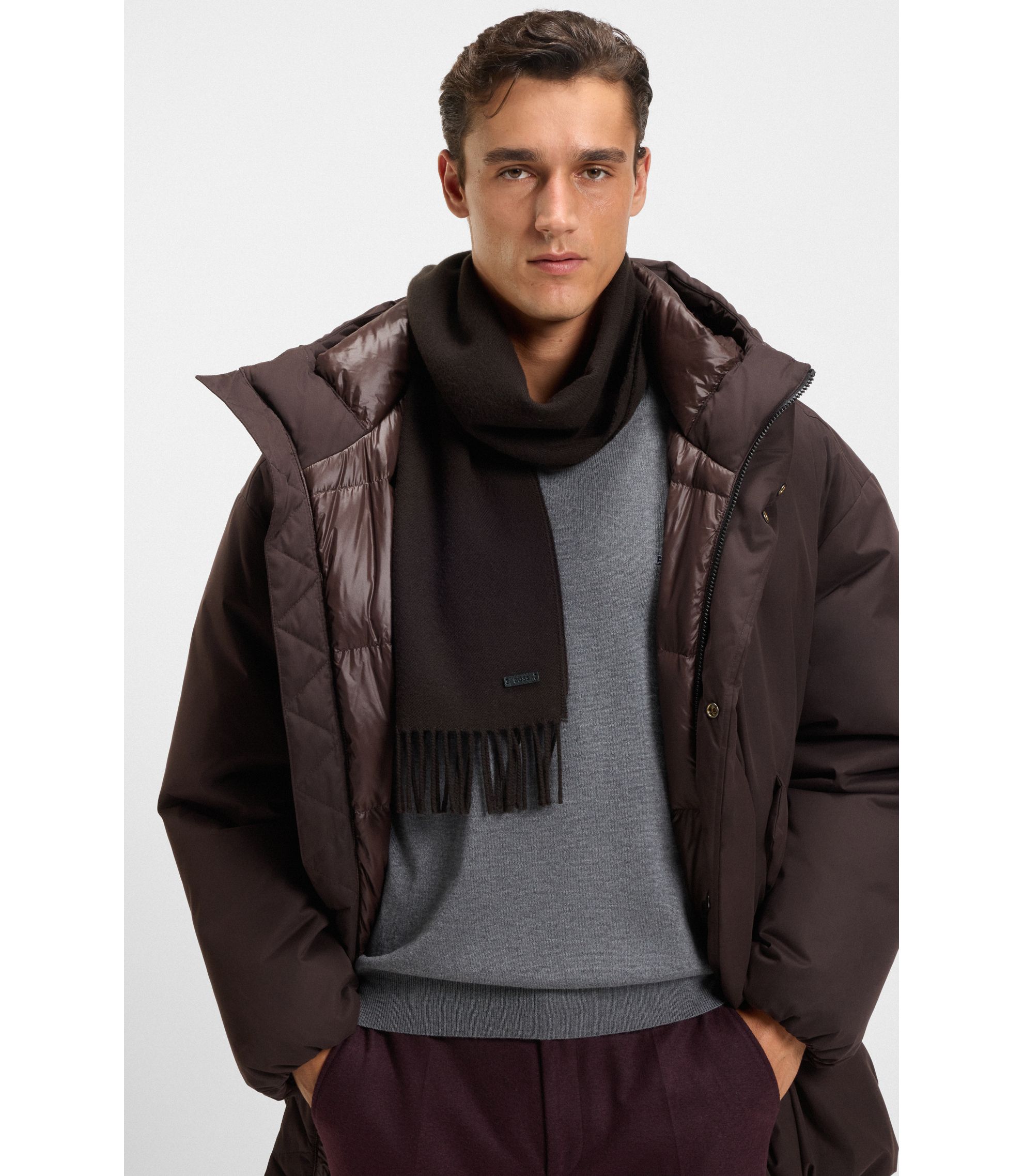 BOSS - イタリア製マフラー ウール ロゴパッチ - ダークブラウン