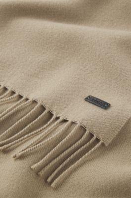 Italian-made scarf in wool with logo patch, Light Brown