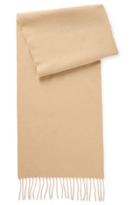 BOSS - Cachecol de lã com etiqueta de logótipo e franjas torcidas - Beige