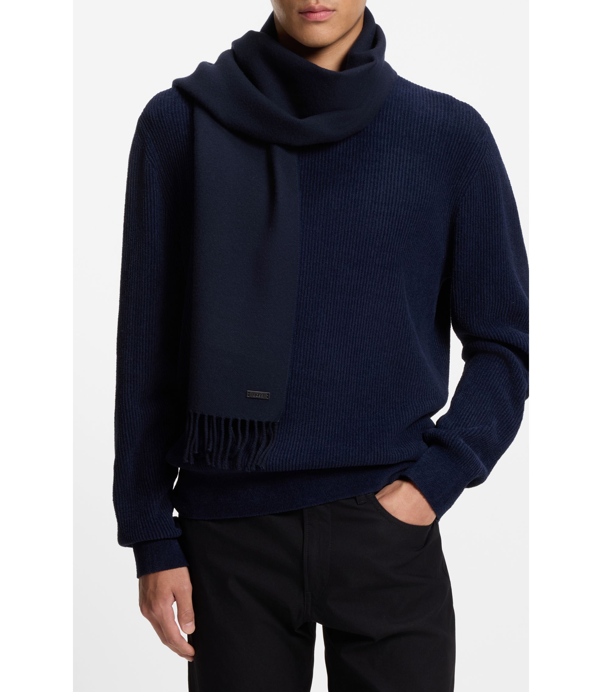 BOSS - イタリア製マフラー ウール ロゴパッチ - ダークブルー