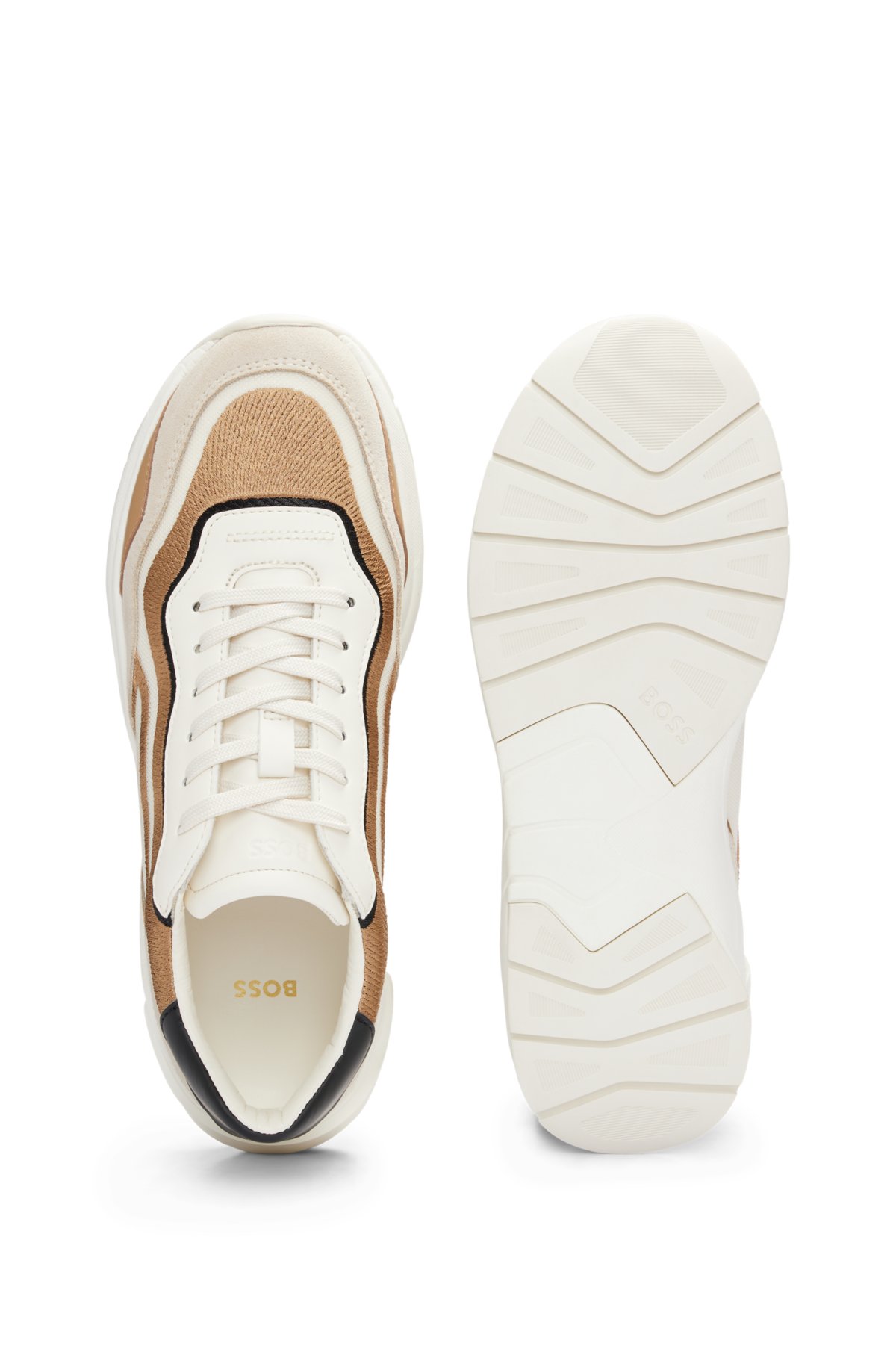Mixed-material lace-up trainers with embroidered mesh, Light Beige