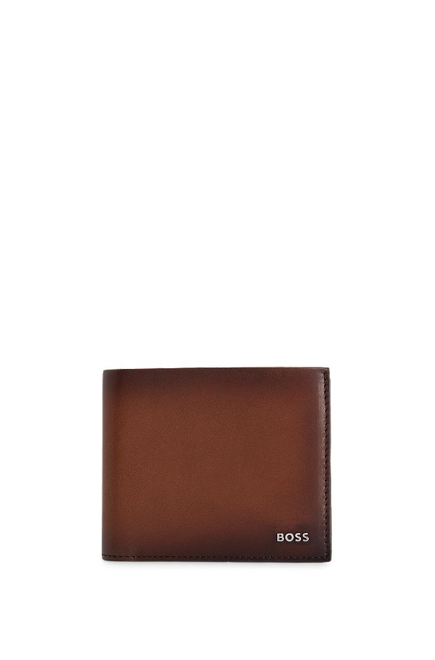 Leather wallet with polished-silver lettering, Brown