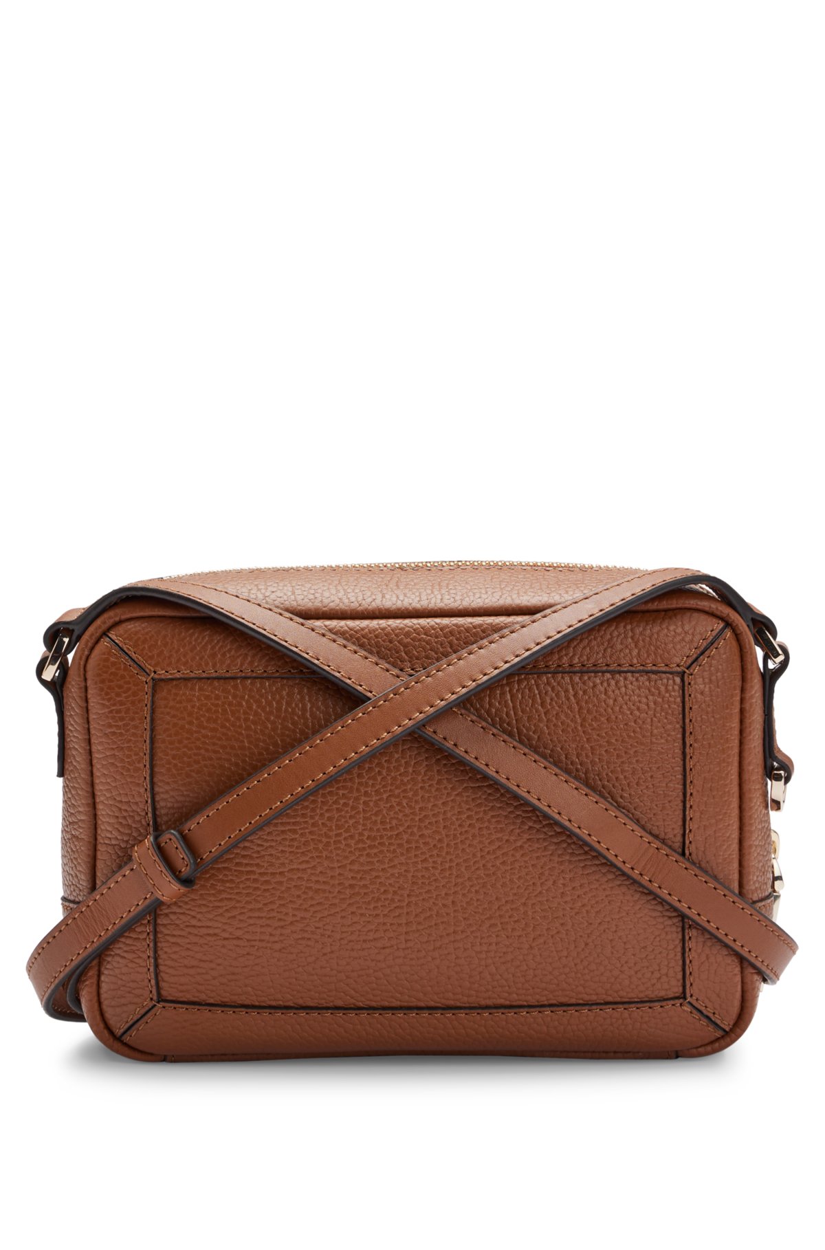 Grained-leather crossbody bag with whipstitch details, Brown