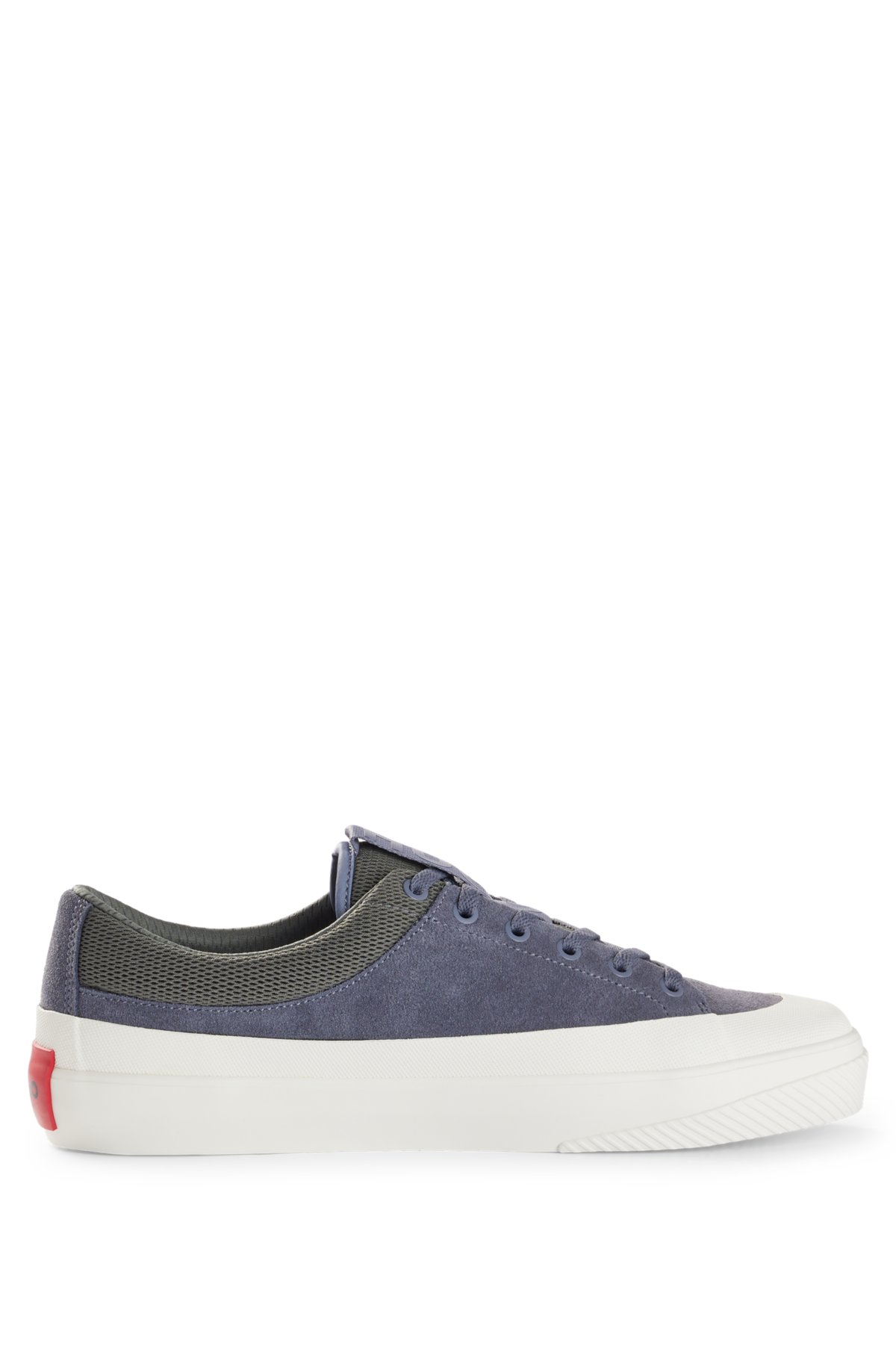 Suede low-top trainers with red logo label, Blue
