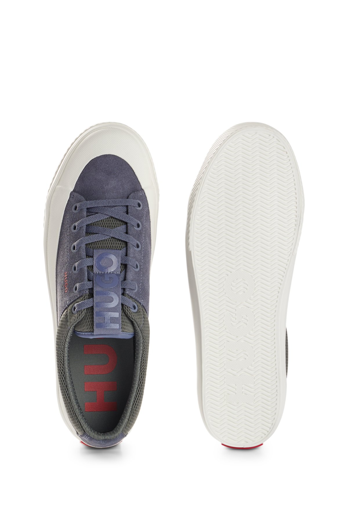 Suede low-top trainers with red logo label, Blue