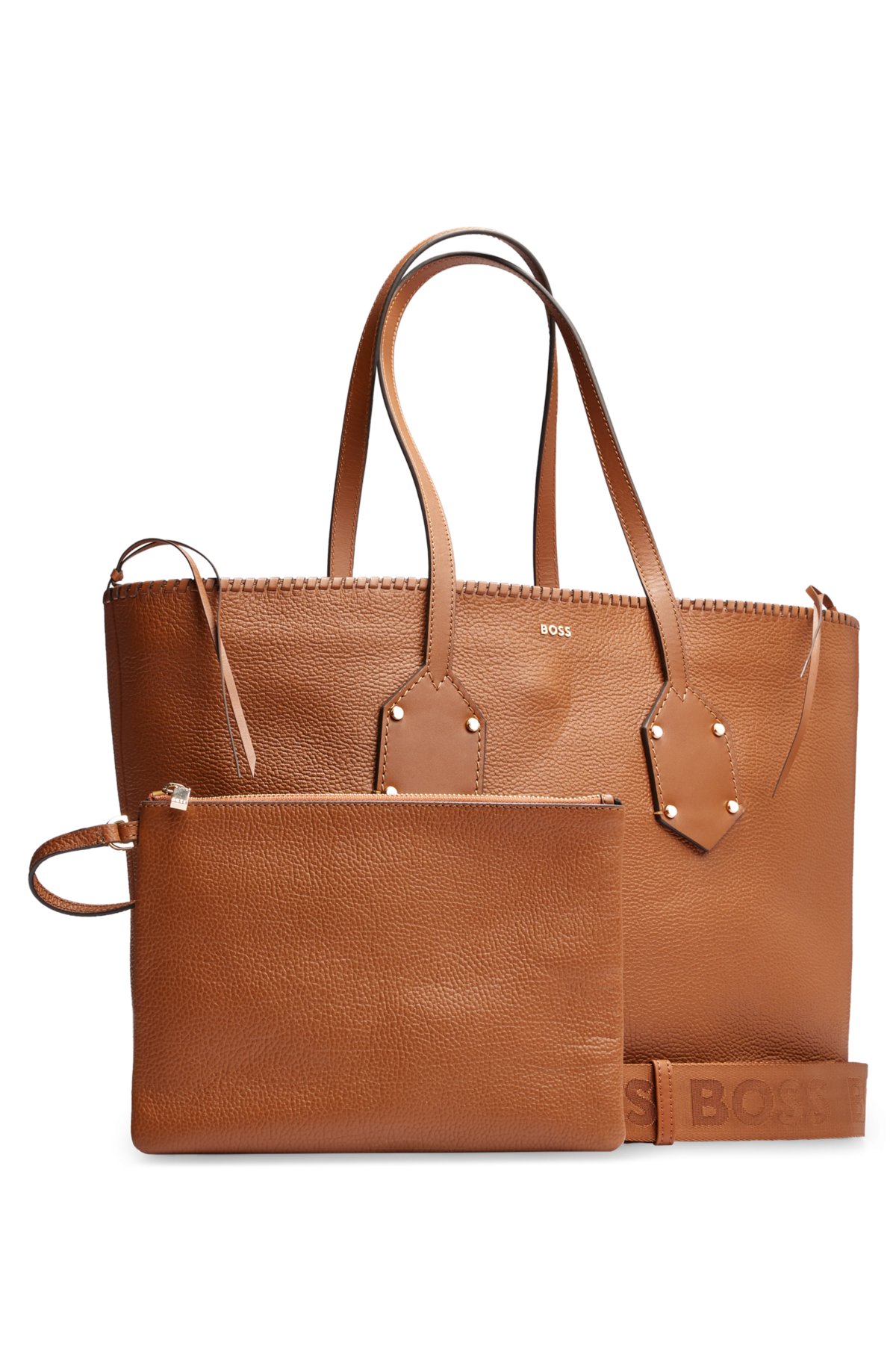 Grained-leather shopper bag with whipstitch details, Brown
