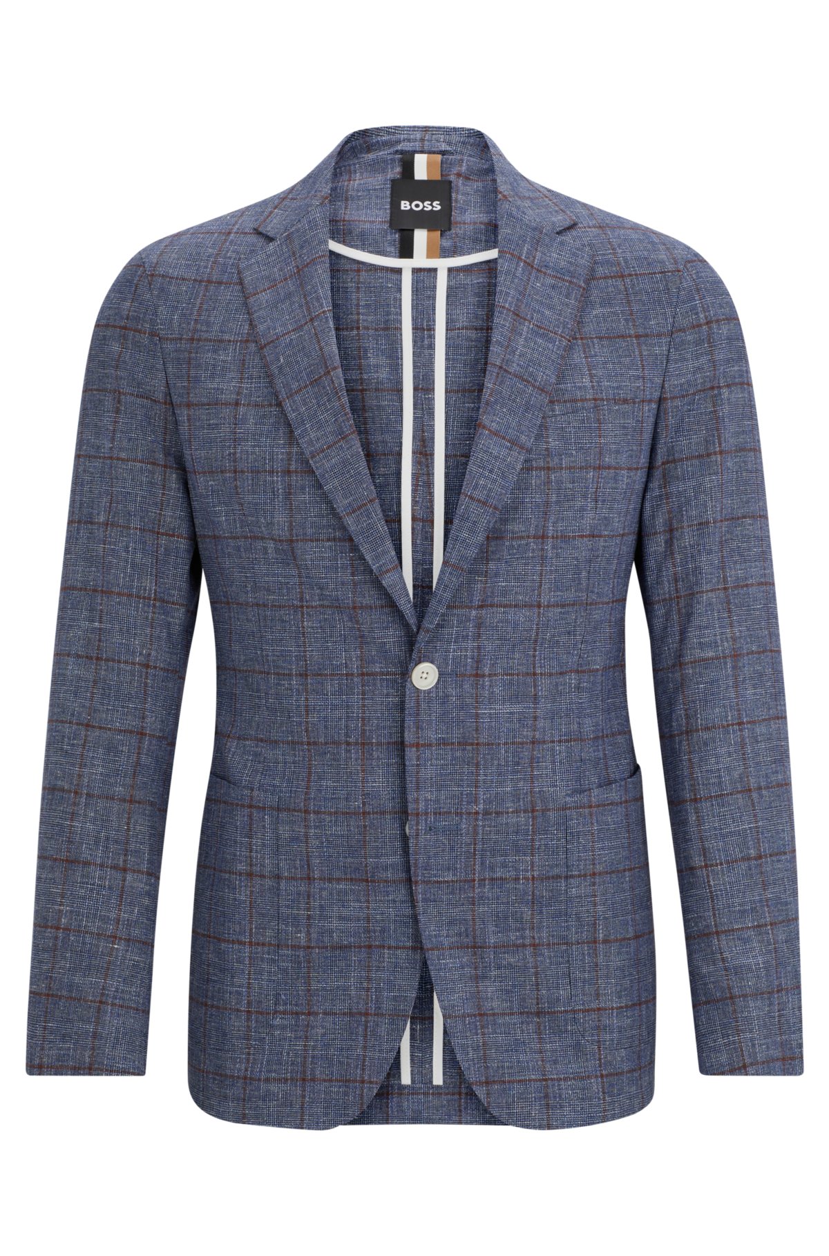 Slim-fit micro-patterned jacket in checked serge, Blue