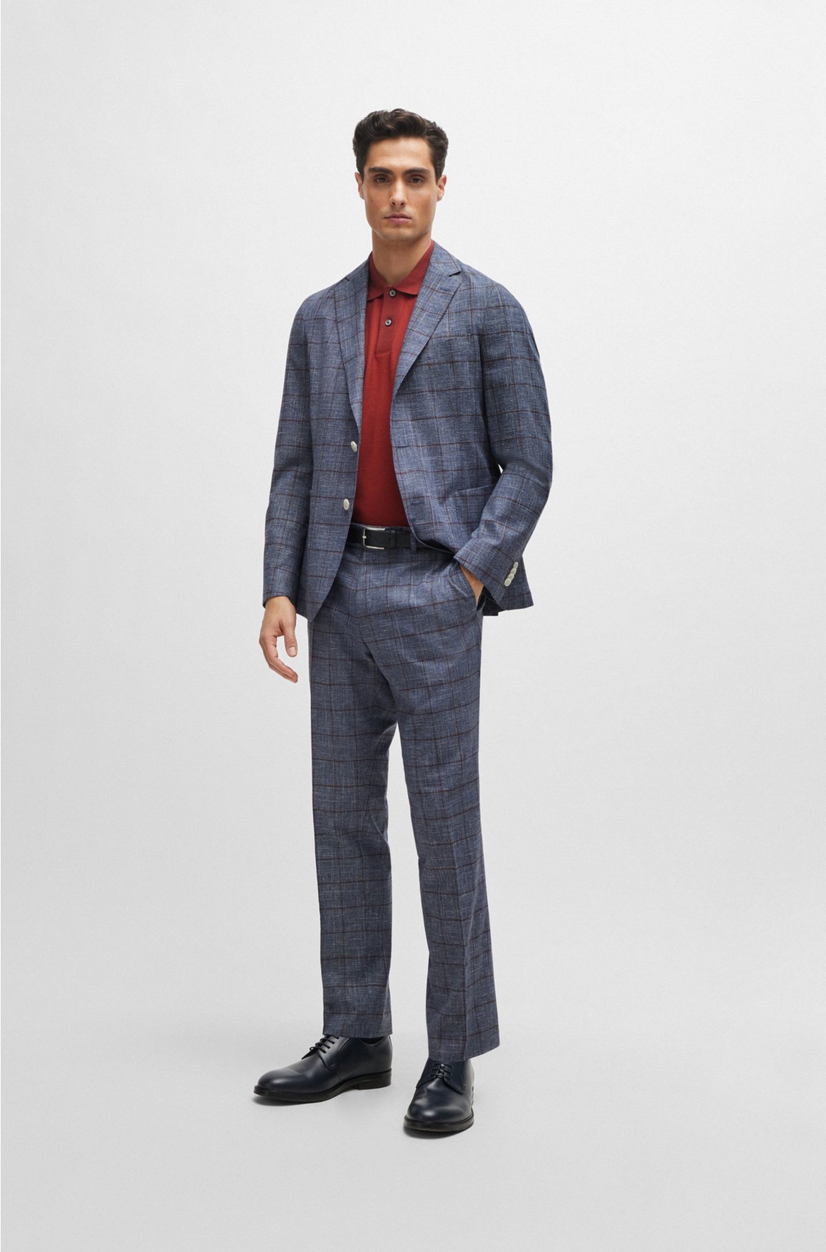 Slim-fit micro-patterned jacket in checked serge, Blue