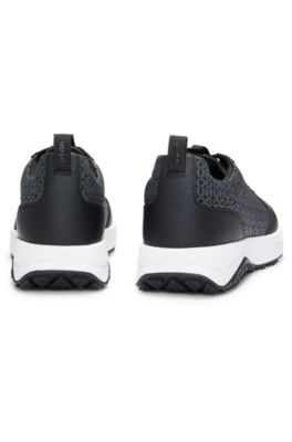 Mixed-material trainers with repeat-logo details, Black