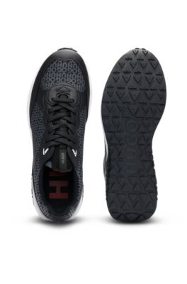 Mixed-material trainers with repeat-logo details, Black