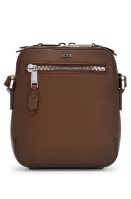 BOSS Leather reporter bag with metallic logo lettering