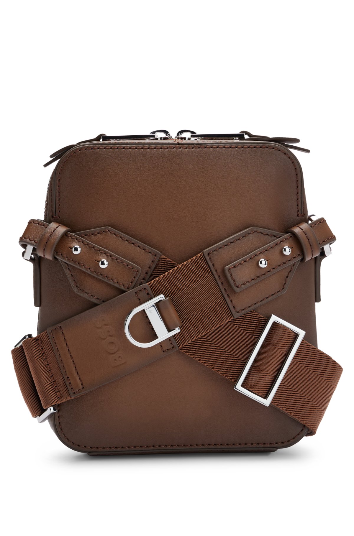 Leather reporter bag with metallic logo lettering, Brown
