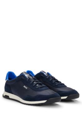 BOSS Schnur Sneakers aus strukturiertem Gewebe mit Veloursleder Details Dunkelblau