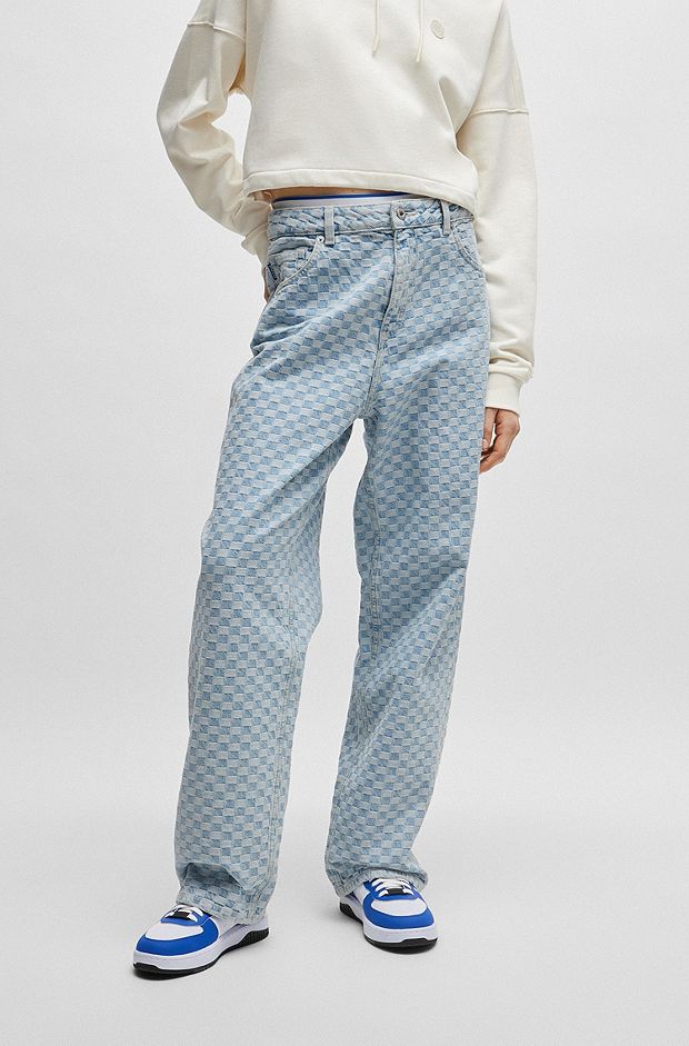 Baggy-fit jeans in light-blue checkerboard rigid denim, Light Blue