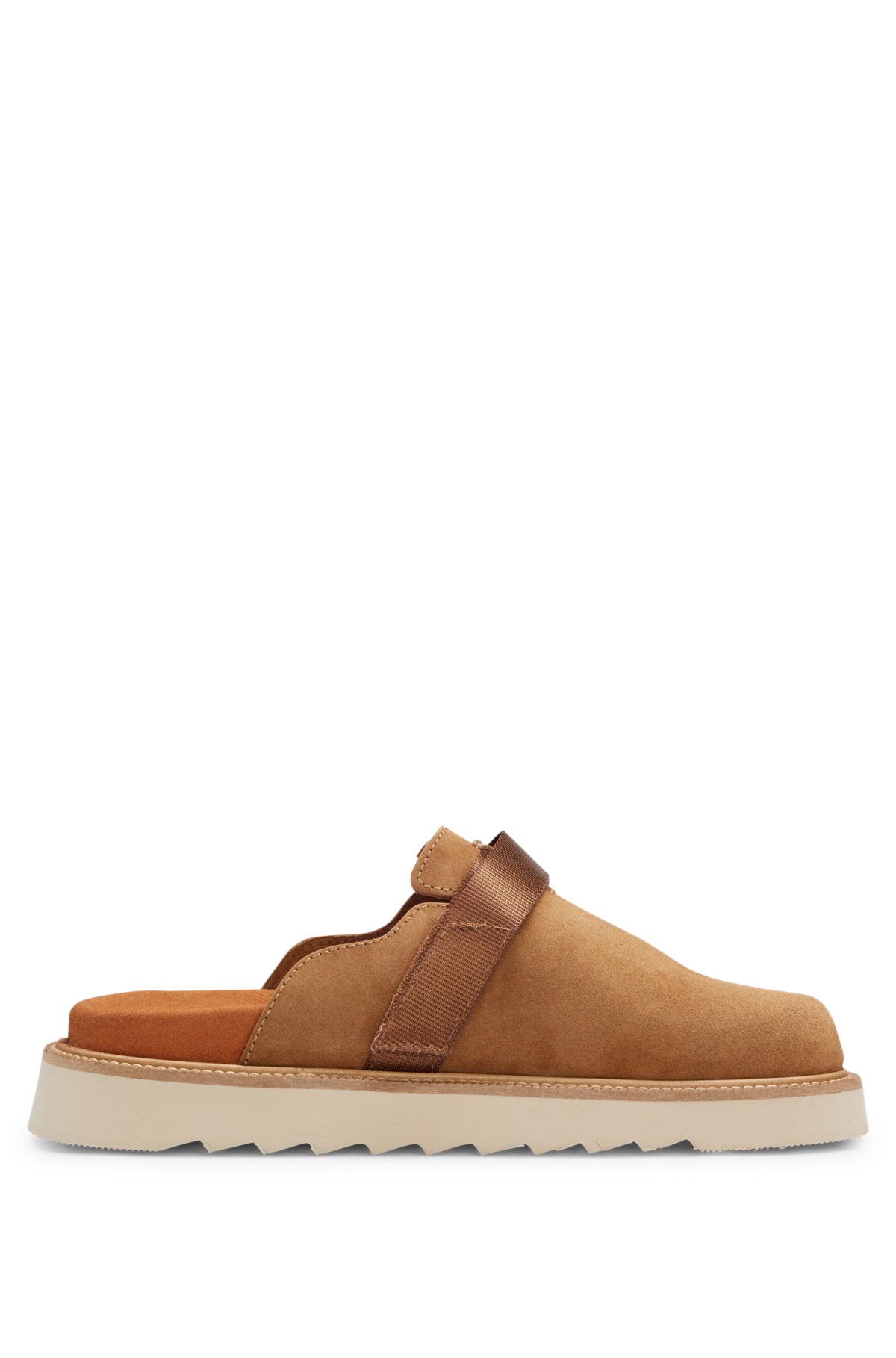 Suede slip-on shoes with buckled strap, Brown