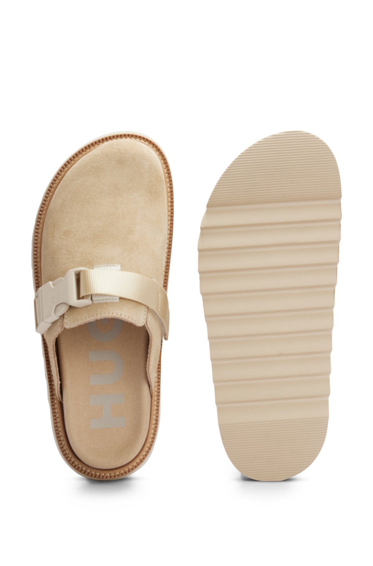 Suede slip-on shoes with buckled strap, Light Beige