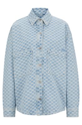 HUGO - Blue-denim jacket with checkerboard jacquard