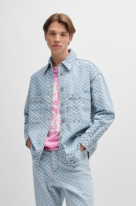 Blue-denim jacket with checkerboard jacquard, Light Blue