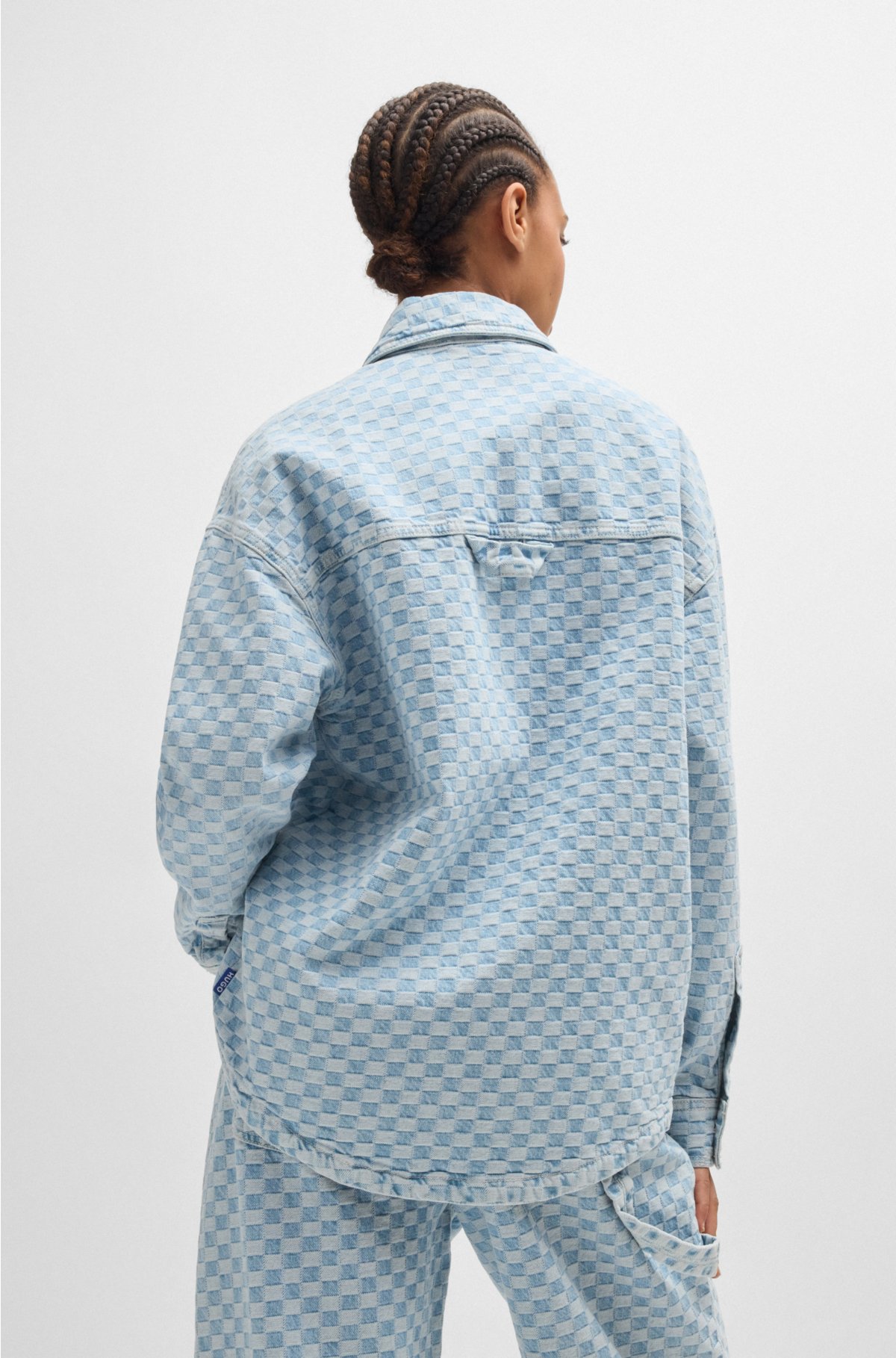 Blue-denim jacket with checkerboard jacquard, Light Blue