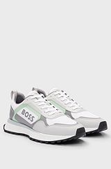 Mixed-material lace-up trainers with faux leather, White
