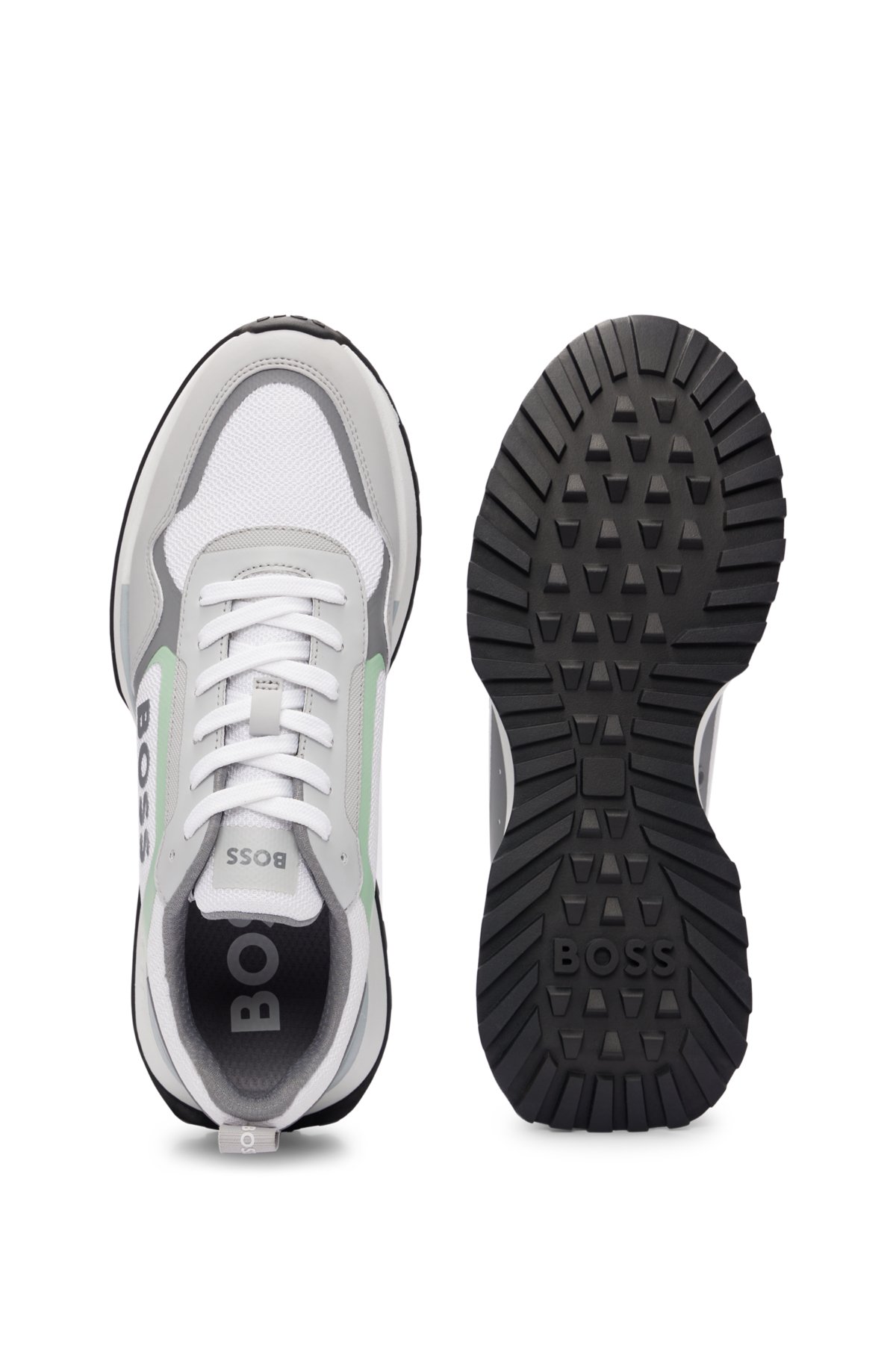 Mixed-material lace-up trainers with faux leather, White