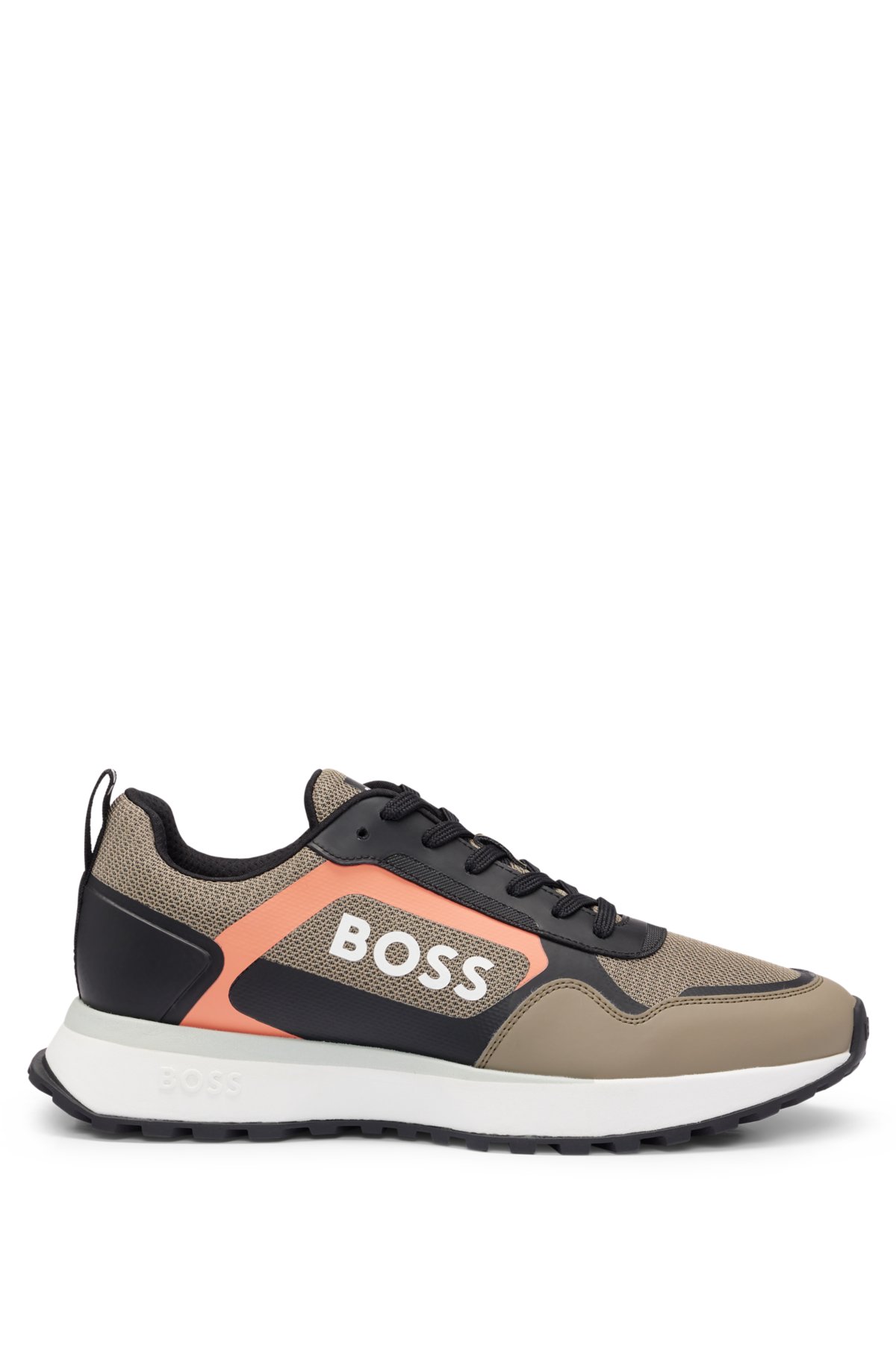 Mixed-material lace-up trainers with faux leather, Beige