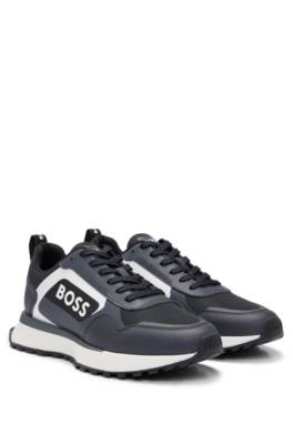 Hugo Boss Mixed-material Lace-up Trainers With Faux Leather In Blue