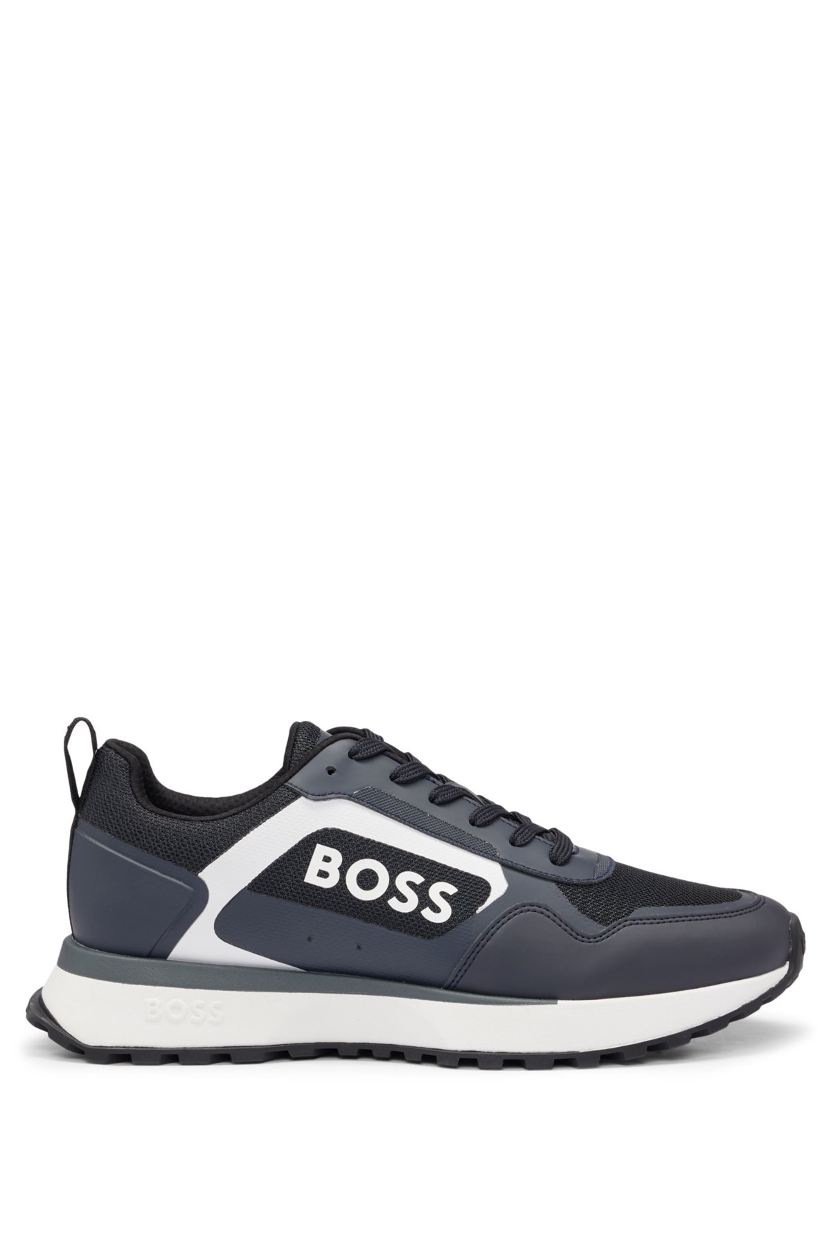 Mixed-material lace-up trainers with faux leather, Dark Blue