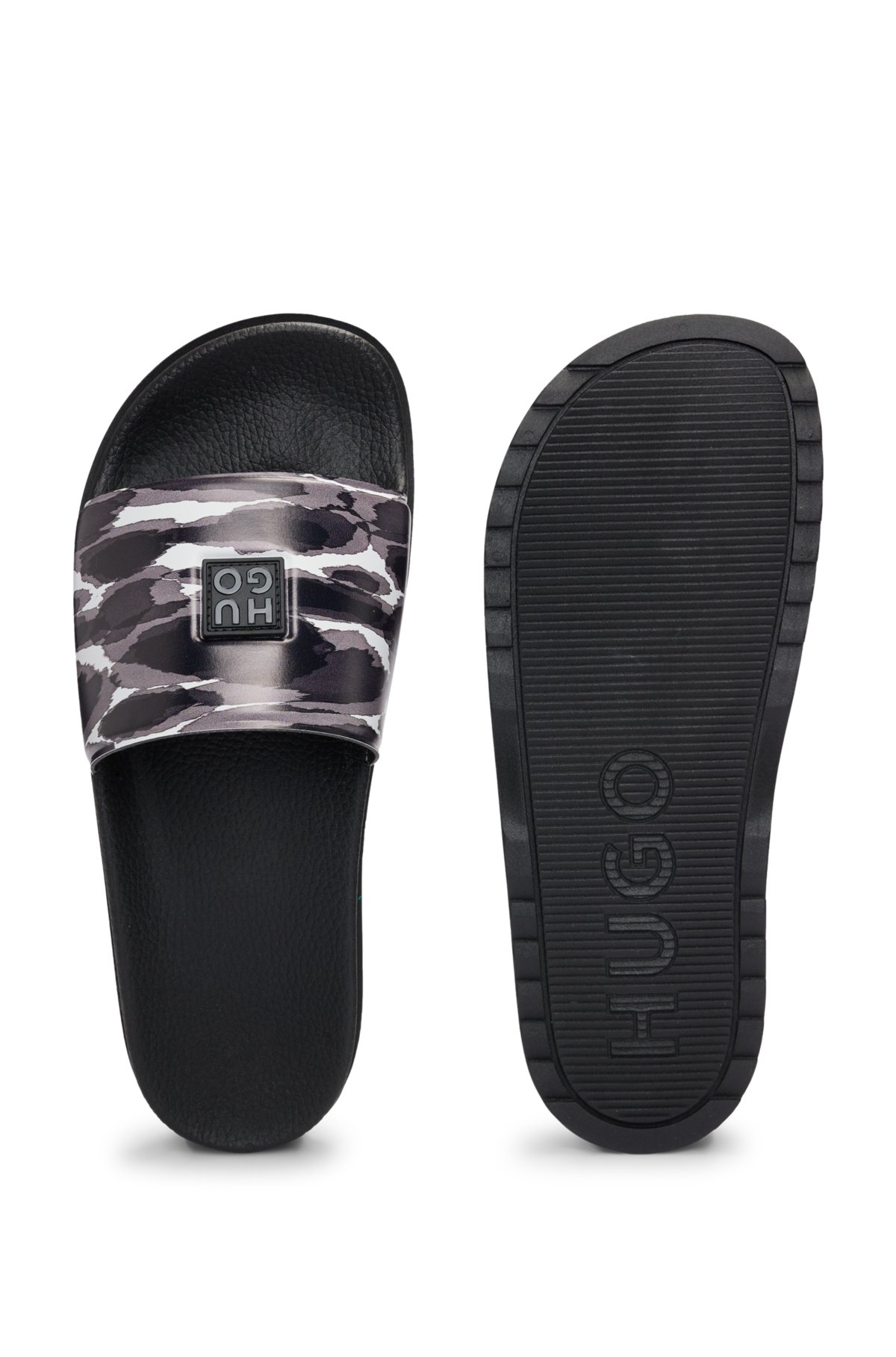 Printed slides with stacked logo on upper, Patterned
