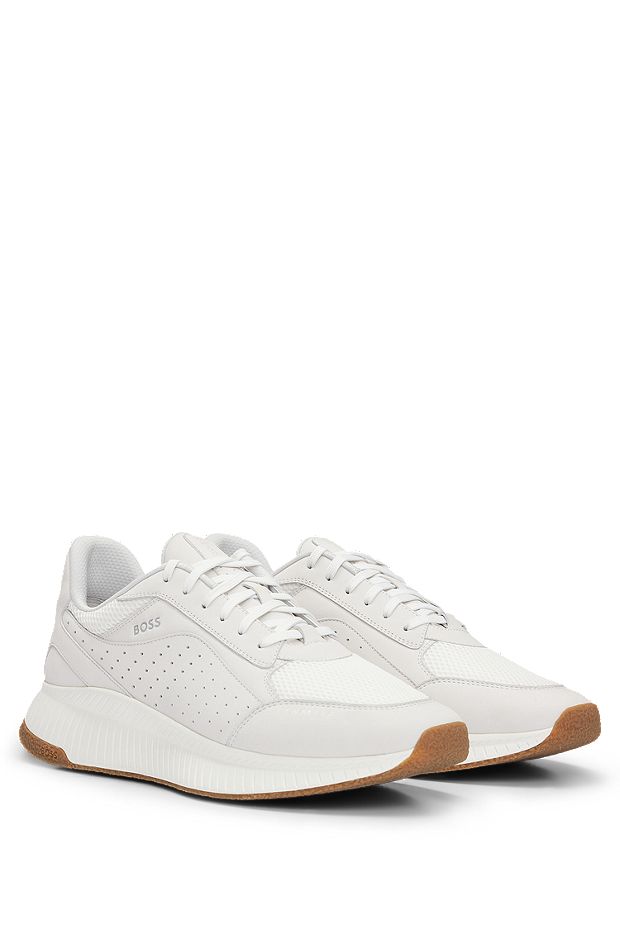 Leather lace-up trainers with mesh trims, White