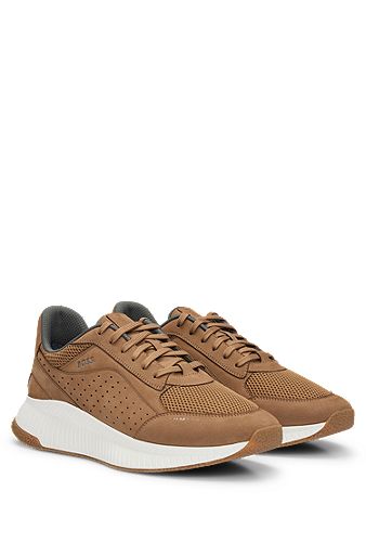Leather lace-up trainers with mesh trims, Beige
